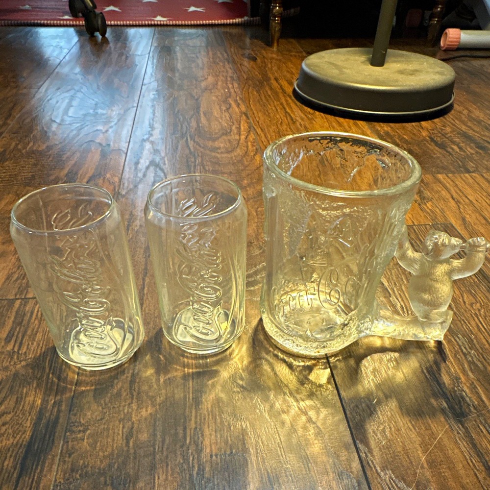 Vtg Coca-Cola Embossed Clear Glassware Lot: 2 Coke Can Glasses + Polar Bear Mug